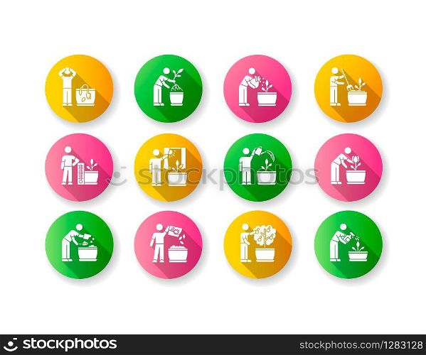 Houseplant care flat design long shadow glyph icons set. Indoor gardening steps. Plant cultivation. Repotting, fertilizing. Planting flower seeds. Watering, spraying. Silhouette RGB color illustration