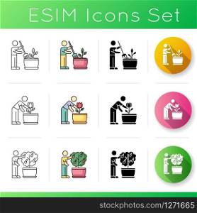Houseplant care icons set. Domestic plant cultivation. Fluffing soil. Taling care of plants. Linear, black and RGB color styles. Linear black and RGB color styles. Isolated vector illustrations