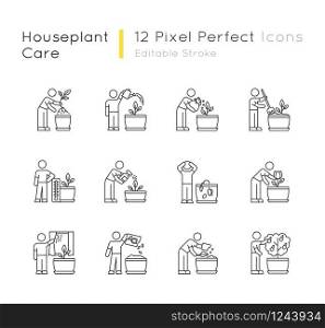 Houseplant care pixel perfect linear icons set. Repotting, fertilizing. Planting flowers. Watering. Customizable thin line contour symbols. Isolated vector outline illustrations. Editable stroke