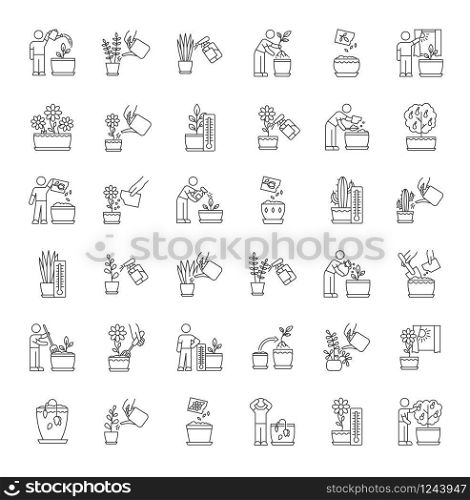 Houseplant care pixel perfect linear icons set. Repotting, replanting. Planting seeds. Watering. Customizable thin line contour symbols. Isolated vector outline illustrations. Editable stroke