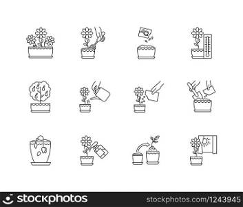 Houseplant care pixel perfect linear icons set. Repotting, spraying plants. Watering, fertilizing. Customizable thin line contour symbols. Isolated vector outline illustrations. Editable stroke