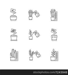 Houseplant care pixel perfect linear icons set. Spraying. Planting seeds. Air temperature conditions. Customizable thin line contour symbols. Isolated vector outline illustrations. Editable stroke