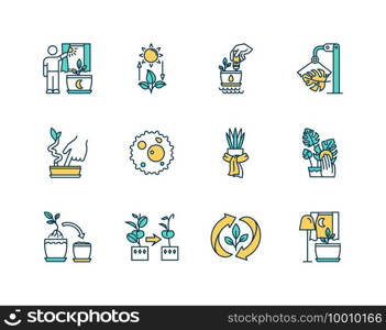 Houseplant care RGB color icons set. Competent photosynthesis. Proper soil. Humidity examination. Care during winter. Dealing with pests. Houseplant light intake. Isolated vector illustrations. Houseplant care RGB color icons set