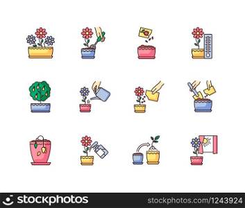 Houseplant care RGB color icons set. Indoor gardening steps. Domestic plant cultivation. Repotting, spraying plants. Planting flower seeds. Watering, fertilizing. Isolated vector illustrations