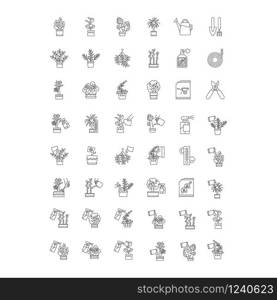 Houseplant caring pixel perfect linear icons set. Indoor gardening tools. Watering, fertilizing. Customizable thin line contour symbols. Isolated vector outline illustrations. Editable stroke