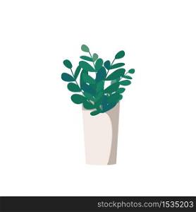 Houseplant cartoon vector illustration. Stem with leaves in flowerpot. Foliage in container for office. Potted plant flat color object. Interior decoration isolated on white background. Houseplant cartoon vector illustration