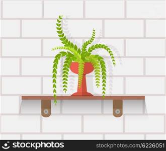 Houseplant design flat concept. House plant pot isolated, indoor plants flower and green nature, leaf and pot, gardening growth vector illustration. Vase with flowers on shelf against wall of brick