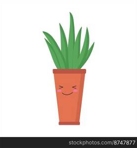 Houseplant in brown pot with face on white. Vector isolated image for use in web design or as print. Houseplant in brown pot with face on white