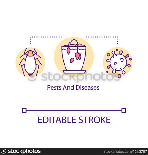 Houseplant pests and diseases concept icon. Dying flower. Plant care. Insects and bacteria. Wilting flower idea thin line illustration. Vector isolated outline RGB color drawing. Editable stroke