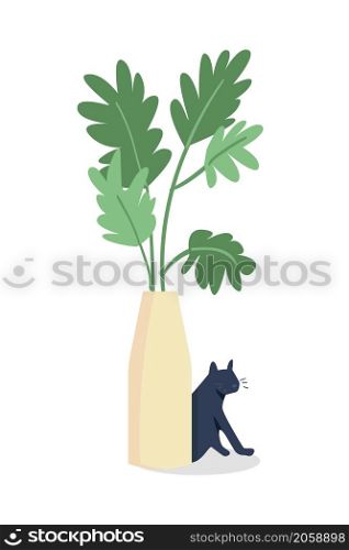 Houseplant with kitten semi flat color vector object. Pet hide behind pot. Realistic item on white. Home interior decoration isolated modern cartoon style illustration for graphic design and animation. Houseplant with kitten semi flat color vector object