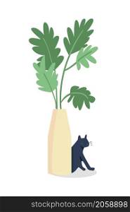 Houseplant with kitten semi flat color vector object. Pet hide behind pot. Realistic item on white. Home interior decoration isolated modern cartoon style illustration for graphic design and animation. Houseplant with kitten semi flat color vector object