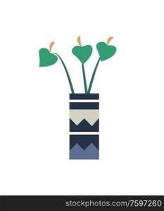 Houseplant with long stems and foliage. Botany flora in vase for home decoration flat style. Plant growing in container for flowers vector, isolated. Houseplant Long Stems and Foliage. Botany Flora