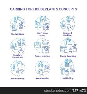 Houseplants caring concept icons set. Proper lighting. Balanced fertilizer. Timely repotting. Home gardening idea thin line RGB color illustrations. Vector isolated outline drawings