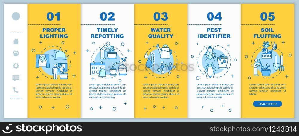 Houseplants caring onboarding vector template. Regular soil fluffing. Qualitative watering flowers. Responsive mobile website with icons. Webpage walkthrough step screens. RGB color concept