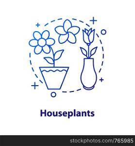 Houseplants concept icon. Flowers idea thin line illustration. Rose in vase, plumeria, crocus in flower pot. Vector isolated outline drawing. Houseplants concept icon