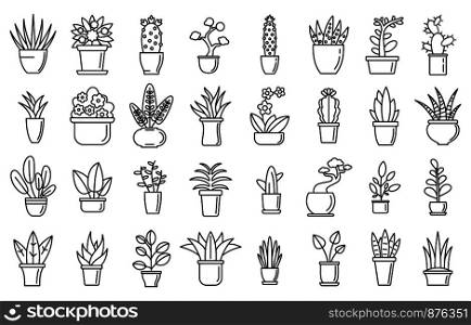 Houseplants flower icons set. Outline set of houseplants flower vector icons for web design isolated on white background. Houseplants flower icons set, outline style