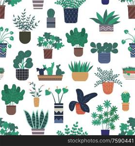 Houseplants growing in pots vector, seamless pattern of flora and foliage decorating homes. Calla flowering in vase, floral bouquet and cactus in flowerpot. Flowers in Pots, Houseplants Seamless Pattern