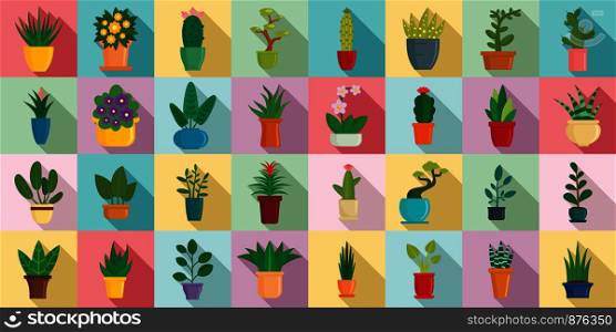 Houseplants icons set. Flat set of houseplants vector icons for web design. Houseplants icons set, flat style