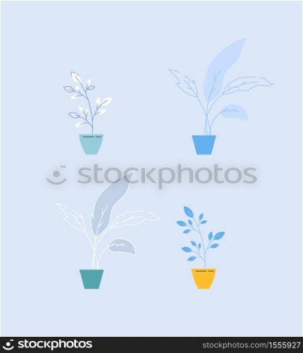 Houseplants semi flat RGB color vector illustrations set. Potted plants, natural interior decorations in flowerpots. Decorative home plants isolated cartoon objects pack on blue background. Houseplants semi flat RGB color vector illustrations set