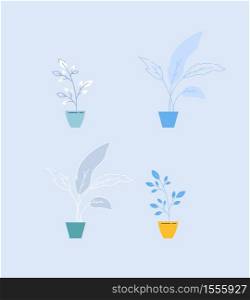 Houseplants semi flat RGB color vector illustrations set. Potted plants, natural interior decorations in flowerpots. Decorative home plants isolated cartoon objects pack on blue background. Houseplants semi flat RGB color vector illustrations set