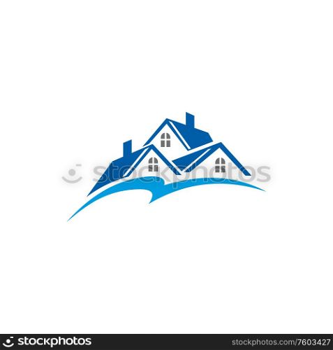 Houses and homes on sale and rent isolated real estate buildings logo. Vector cottages, private property. Private cottages, real estate buildings logo