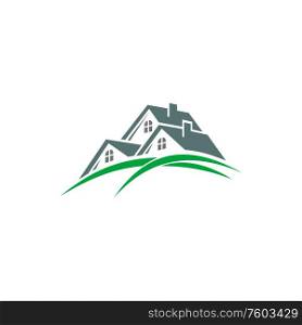 Houses and homes on sale and rent isolated real estate buildings logo. Vector cottages, private property. Private cottages, real estate buildings logo