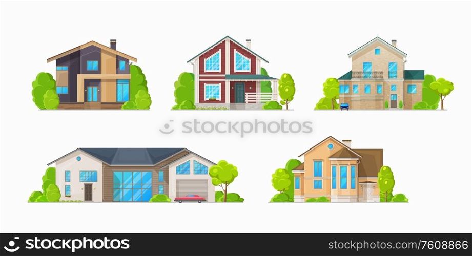 Houses and residential buildings, real estate vector icons. Family house and mansions, duplex apartments and townhouse villas, city private property and town architecture. Residential houses, family home cottages buildings