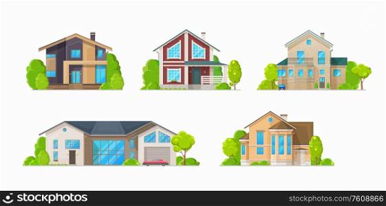 Houses and residential buildings, real estate vector icons. Family house and mansions, duplex apartments and townhouse villas, city private property and town architecture. Residential houses, family home cottages buildings