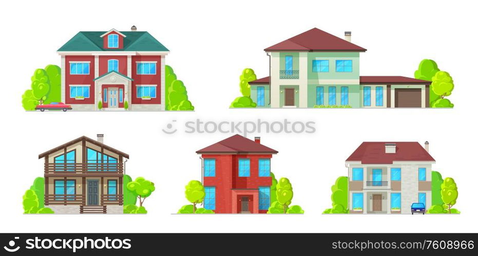 Houses and residential buildings, villas and mansions, real estate vector icons. Family house, duplex apartments and townhouse, private property, lodges and cottage architecture. Real estate icons, residential buildings houses