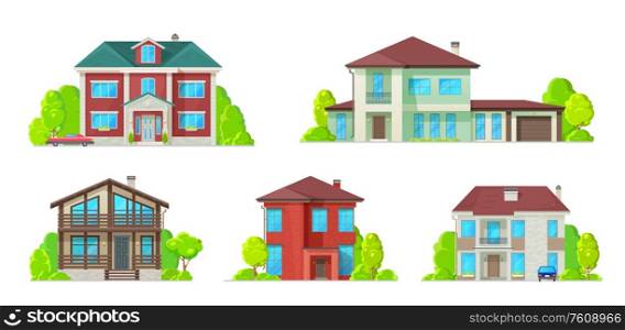 Houses and residential buildings, villas and mansions, real estate vector icons. Family house, duplex apartments and townhouse, private property, lodges and cottage architecture. Real estate icons, residential buildings houses