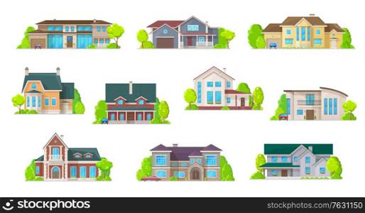 Houses, bungalow cottages and real estate buildings, vector icons. Private houses and residential architecture village, loft mansions and condominiums, family townhouse and home duplex apartments. Houses, bungalow cottages, real estate buildings