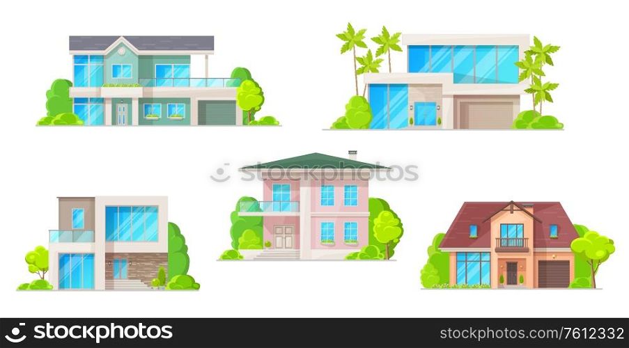 Houses, cottage and residential buildings, real estate vector icons. Cartoon exterior facades of family homes, houses or mansion apartments and villas, urban property. Isolated buildings. Houses, cottage and apartment building icons