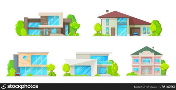 Houses, cottages, villas and bungalow isolated vector icons set. Residential home buildings, real estate cartoon exterior facades, family home architecture, house or mansion apartments, urban property. Houses, cottages, villas and bungalow vector icons