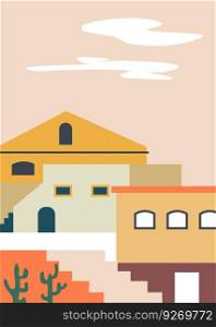 Houses exteriors and facade, cityscape and skylines with traditional elements of European city building. Stairs and modern constructions. Historical part of town or village. Vector in flat style. Cityscape with houses exteriors and facade vector