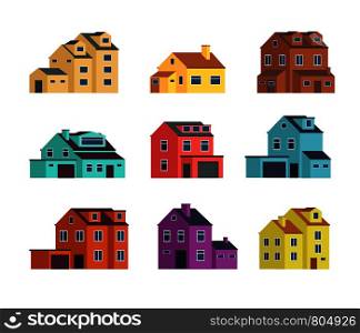 Houses front view. Urban and suburban house, town buildings, and cottage housing. Isolated vector illustration. House architecture, building home for city or town. Houses front view. Urban and suburban house, town buildings, and cottage housing. Isolated vector illustration