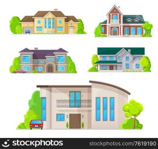 Houses, home buildings architecture, property real estate cottages and apartments, vector flat icons. Modern residential villas and mansion buildings, family houses, cottages, apartments and townhouse. Houses, home buildings architecture, real estate