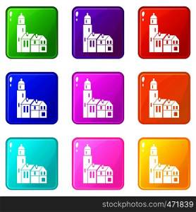 Houses icons of 9 color set isolated vector illustration. Houses icons 9 set