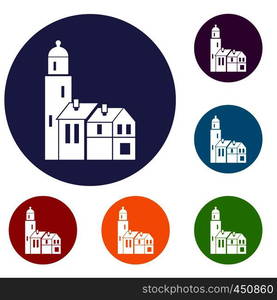 Houses icons set in flat circle reb, blue and green color for web. Houses icons set