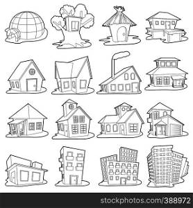 Houses icons set. Outline cartoon illustration of 16 houses vector icons for web. Houses icons set, outline cartoon style