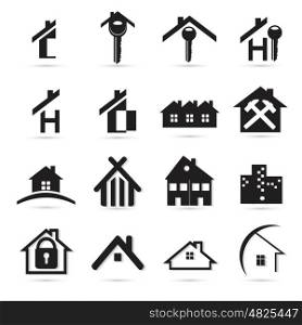 Houses icons set, real estate, black isolated on white background