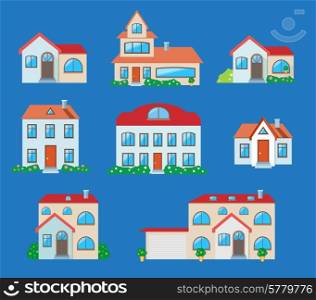 Houses icons set. Real estate in cartoon style on blue background