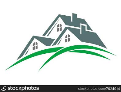 Houses in a green eco environment with three roofs above green hillsides. Houses in a green eco environment