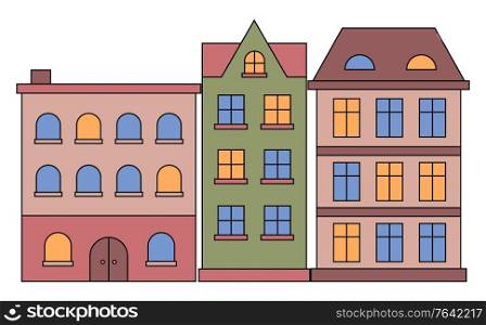 Houses in row vector, isolated buildings with windows and light in them. Suburban homes of citizens, residence with entry and roof with chimney. Constructions of brick and wood in flat style. Buildings in Modern and Vintage Style Homes Set