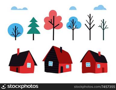 Houses made of wood and winter trees forest vector. Wooden cottage facade, shelter front exterior with chimney and windows. Garden with pine and fir. Houses Made of Wood and Winter Trees Forest Vector