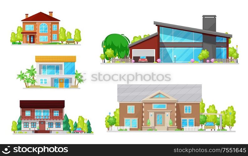 Houses, mansions and residential real estate building architecture. Vector modern family homes, cottage houses or villa apartments, urban property, motel and hotel resort with terraces and garages. Home buildings, houses and residential apartments