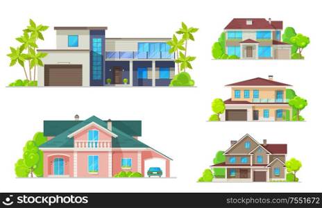 Houses, mansions and residential real estate buildings architecture. Vector modern family cottage houses and villa apartments, urban property terraces, carport garages and luxury private apartments. Residential architecture, mansion houses, villas