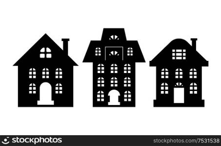 Houses monochrome silhouettes, multi storey buildings isolated on white. Windows and chimney, home dwelling vector icons. Residential real estates. Houses Monochrome Silhouette Multi Storey Building