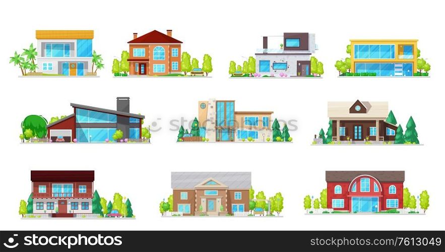 Houses, real estate villas and cottages isolated vector icons. Cartoon village residential buildings and private property architecture, mansions, townhouse family apartments with garage and trees. Private buildings real estate villas icons set