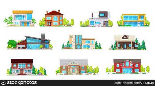 Houses, real estate villas and cottages isolated vector icons. Cartoon village residential buildings and private property architecture, mansions, townhouse family apartments with garage and trees. Private buildings real estate villas icons set