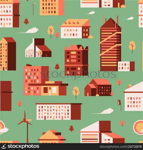 Houses seamless pattern. Urban buildings small city constructions garish vector background. Building architecture wrapping, backdrop trendy illustration. Houses seamless pattern. Urban buildings small city constructions garish vector background